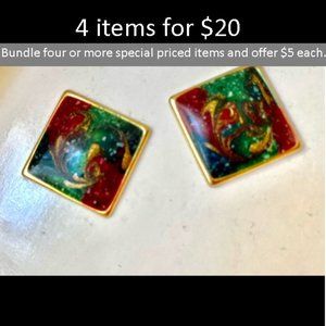Vintage Red Green Gold Cloisonné Enamel Square Pierced Earrings